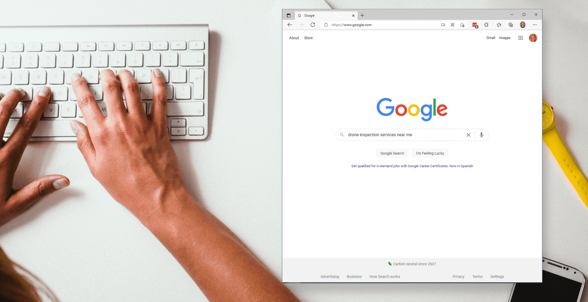 Screenshoot of a Google search page on top of an image of a person typing on their keyboard